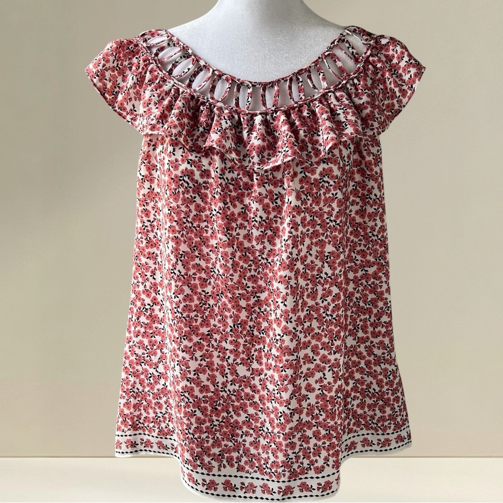 Max Studio Floral Flutter Sleeve Blouse Ruffle and Cutout Details on Neckline